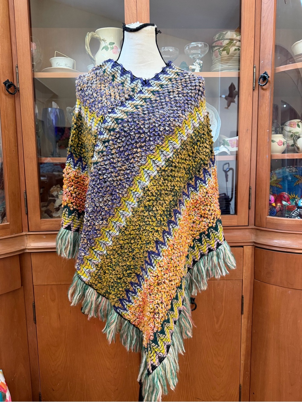 Boho fringe poncho in olive/purpld